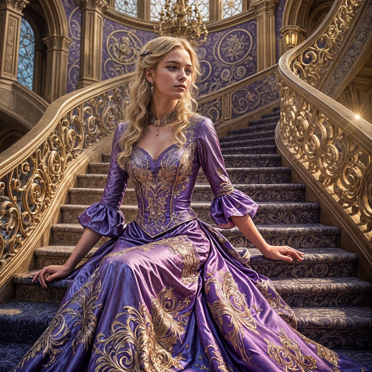 Teen in Violet Gown on Futuristic Castle Staircase