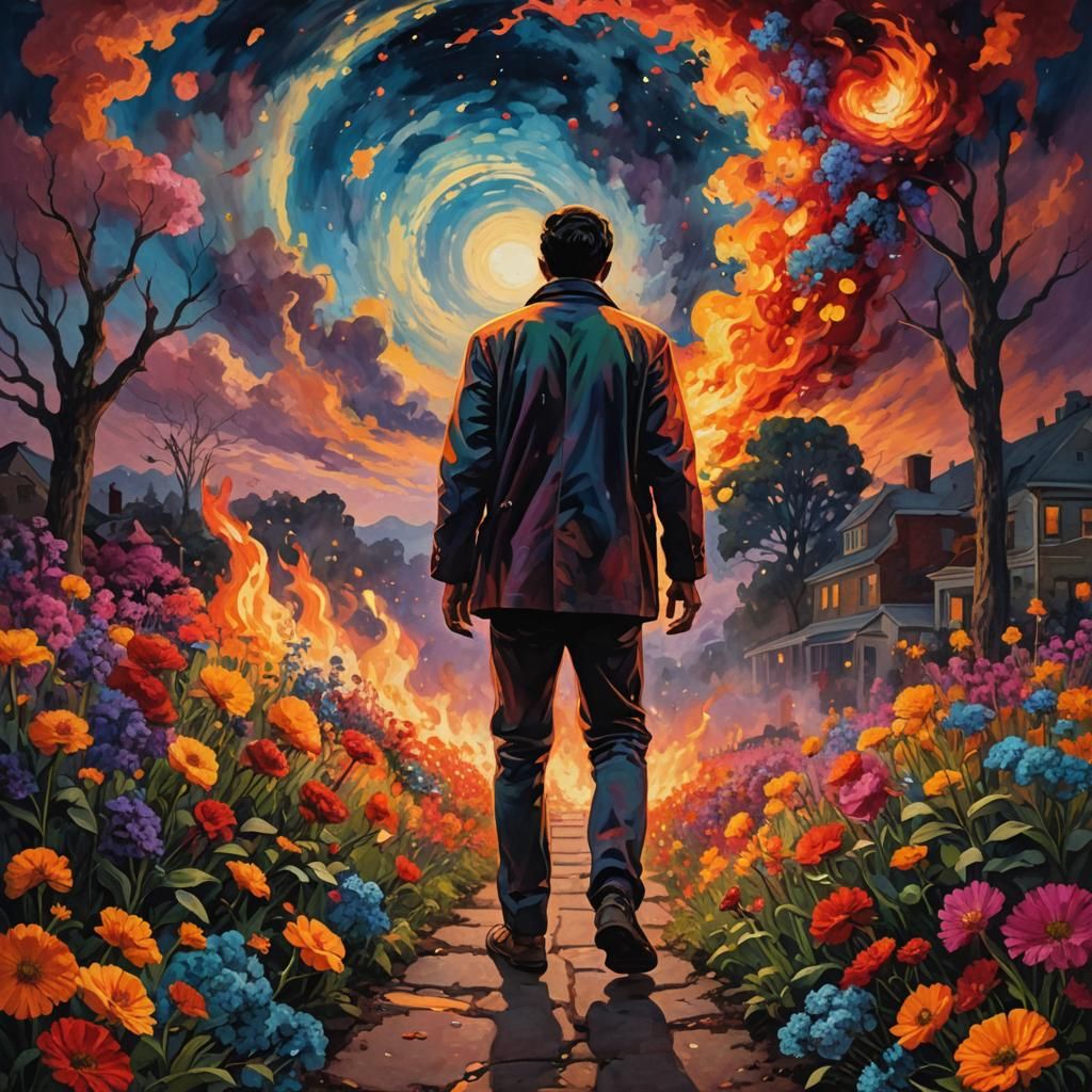 Man Emerging from Fire in Surrealist Digital Painting