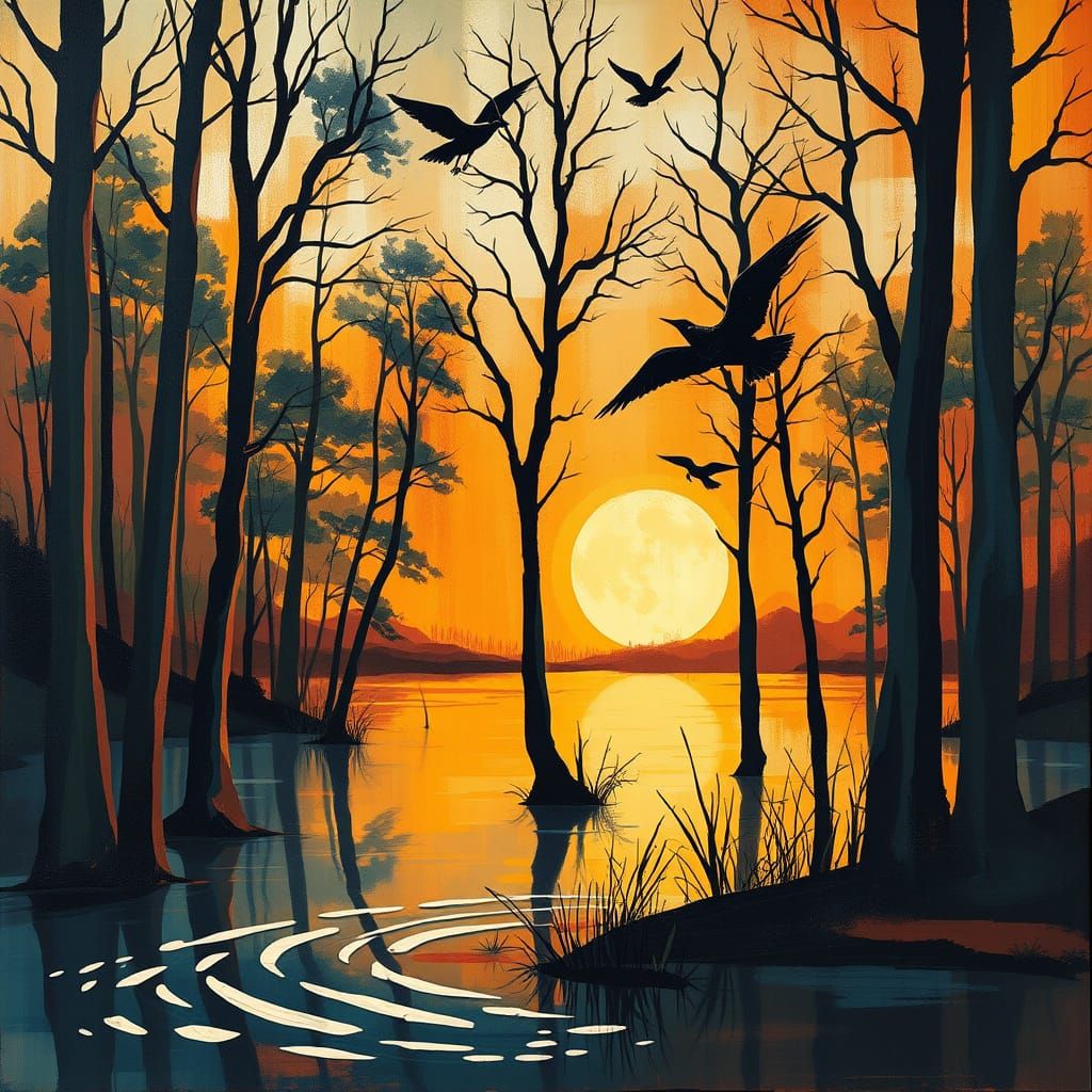 Cubist Wetland Scene at Golden Sunset