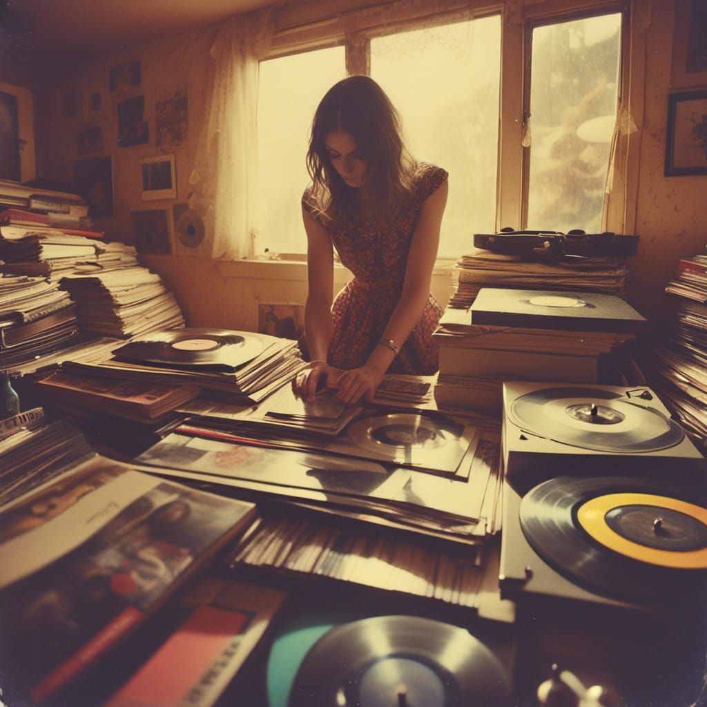 Nostalgic Polaroid of Woman Choosing Vinyl Record