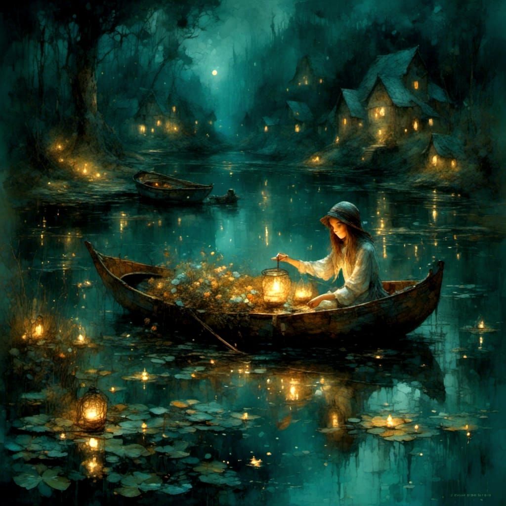 Girl in Coracle on Lake at Night
