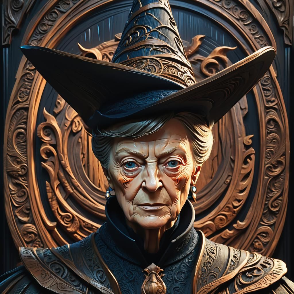 Mystical Portrait of a Witch with Carved Wood Details