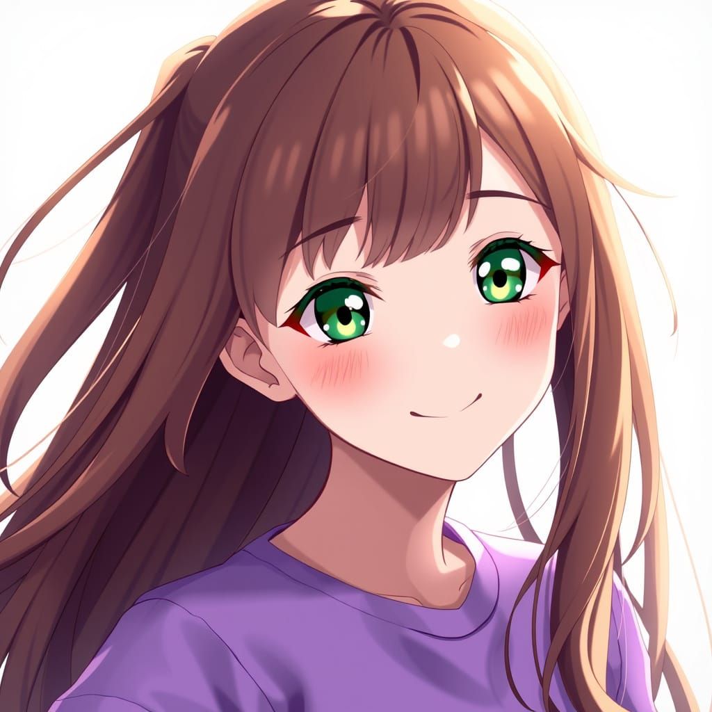 Anime Girl with Brown Hair and Green Eyes Smiling in Violet ...