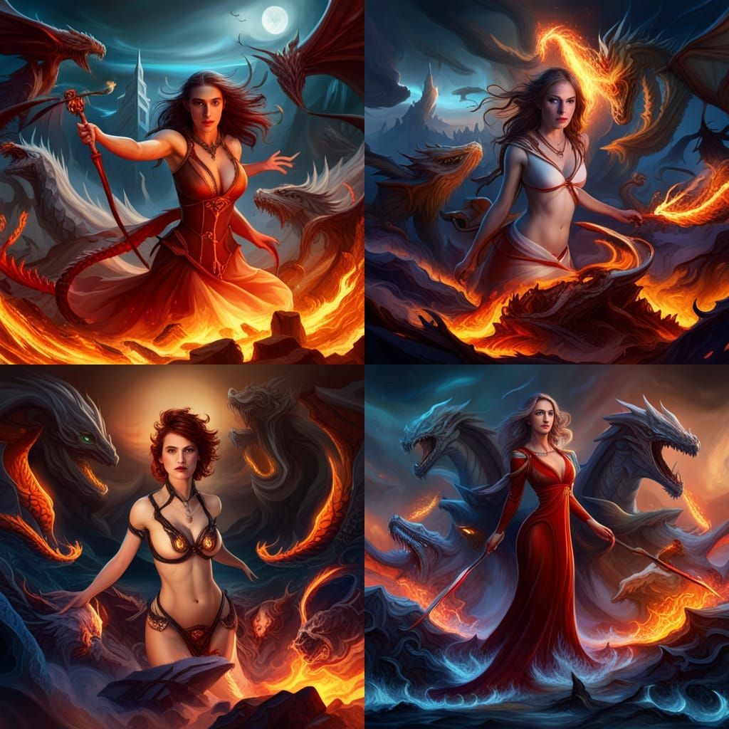 Epic Battle: Evil Woman, Dragons, and Warriors