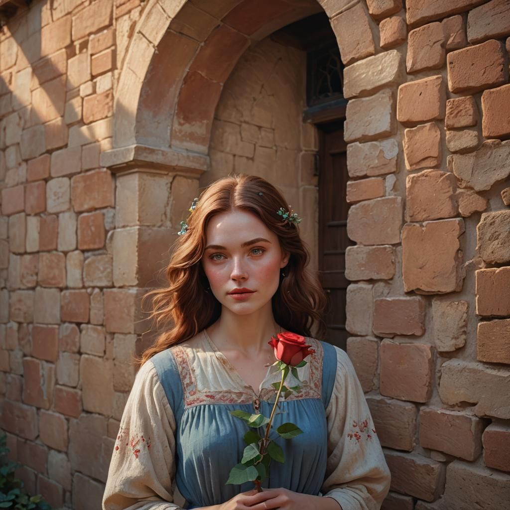 Woman in Courtyard Holding Rose: Concept Art