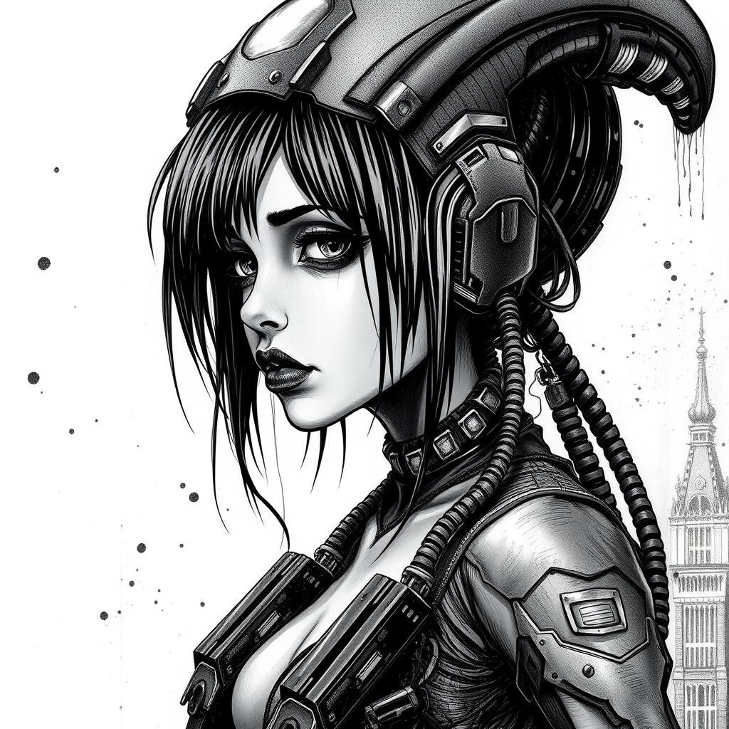 Cyberpunk Xenomorph Girl in Ink and Charcoal Style