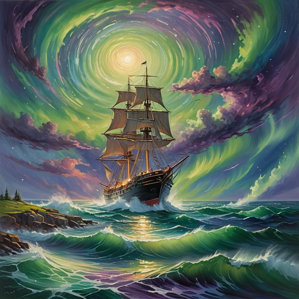 Impressionist Ship and Lighthouse Under Northern Lights
