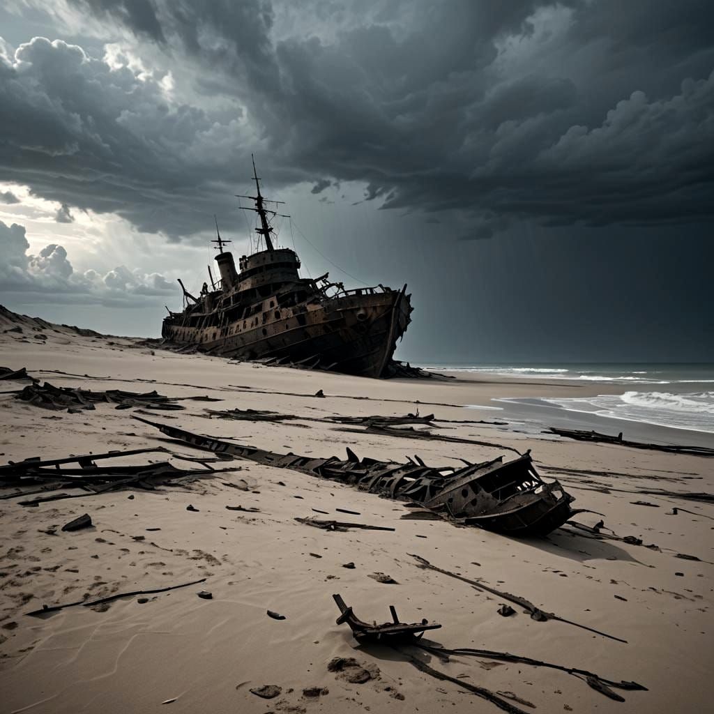 Crashed Ship on Beach in Gothic Horror Style