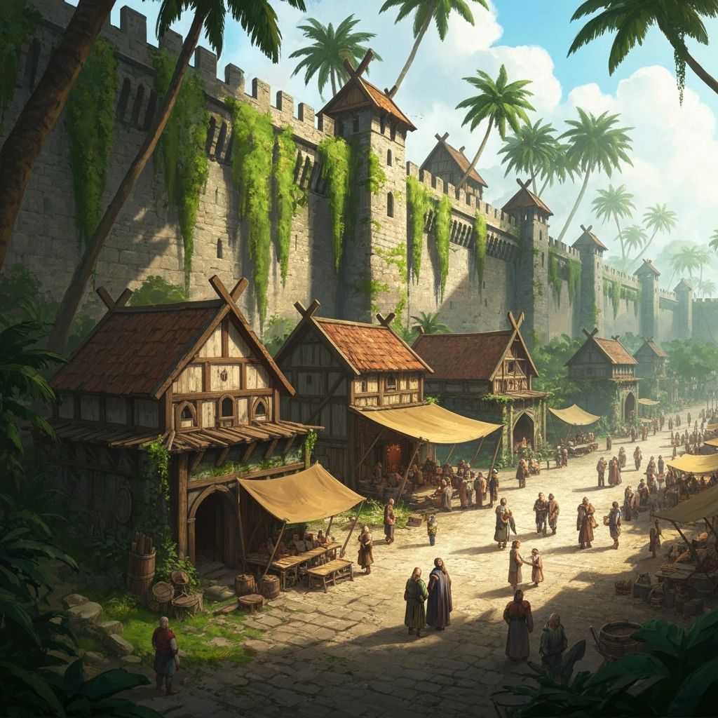 Viking City on Subtropical Island, Detailed Painterly Style