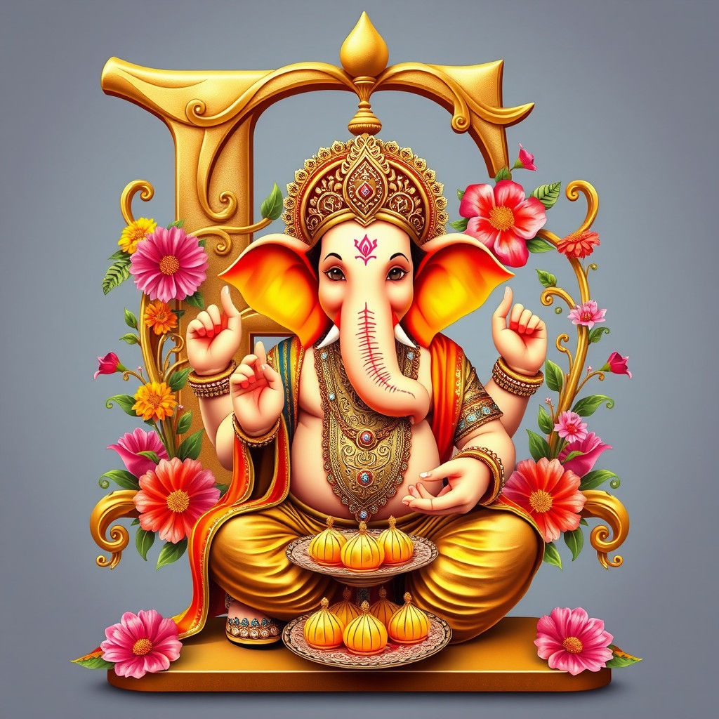 Ganesha with Floral 'E' in Traditional Indian Style