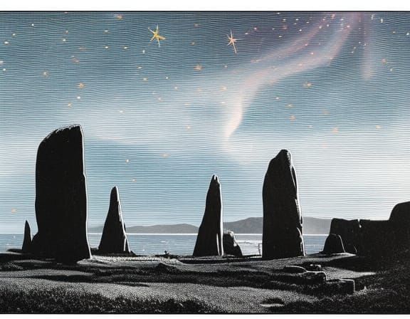 Night Sky Engraving: Aurora Borealis Over Sea Stacks