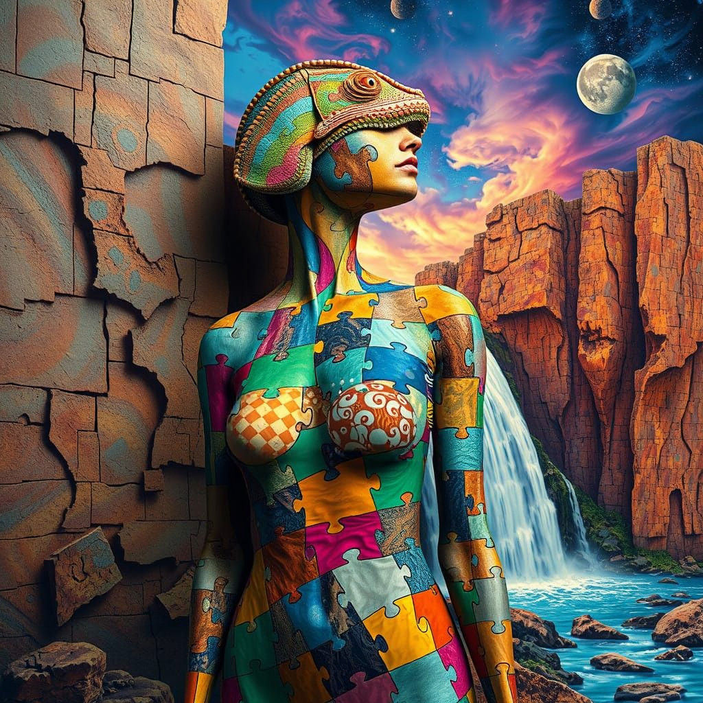 Surreal Cubist Woman Blends into Waterfall Landscape