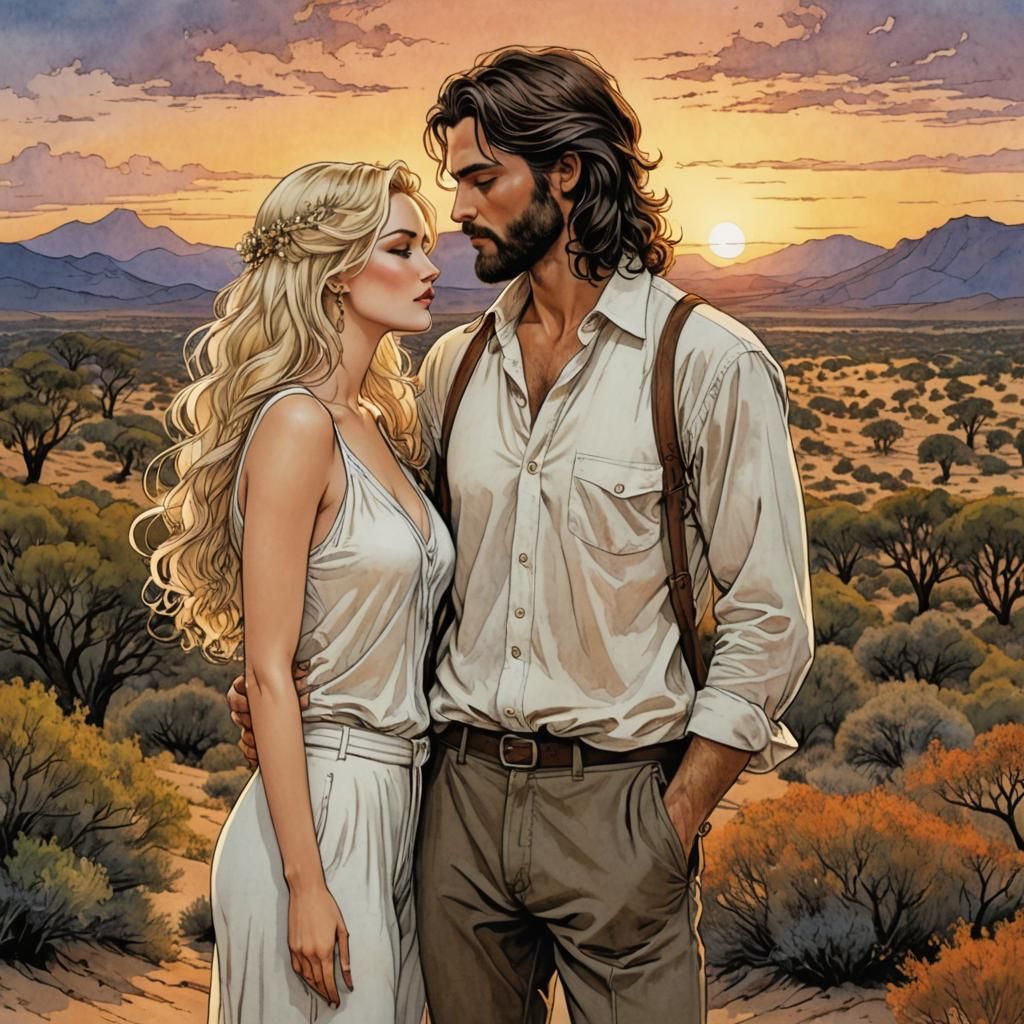 Romantic Desert Sunset Couple in Bande Dessinés Style