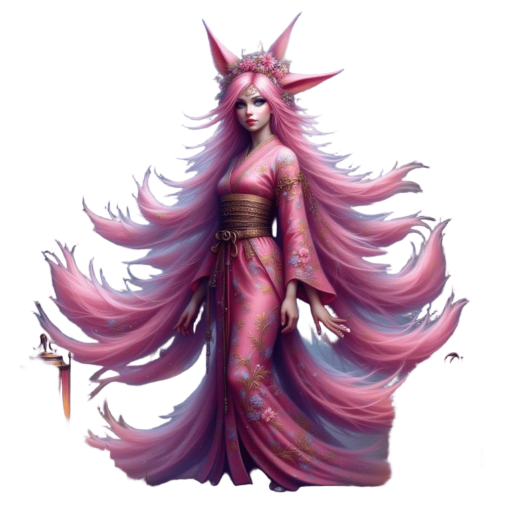 Kitsune in Moonlit Japanese Garden with Magenta Kimono