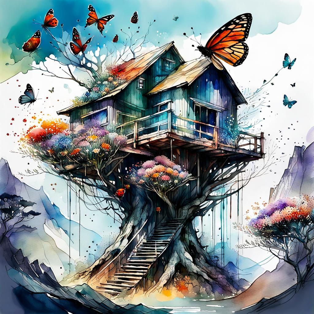 Watercolor Treehouse in Mountain Landscape