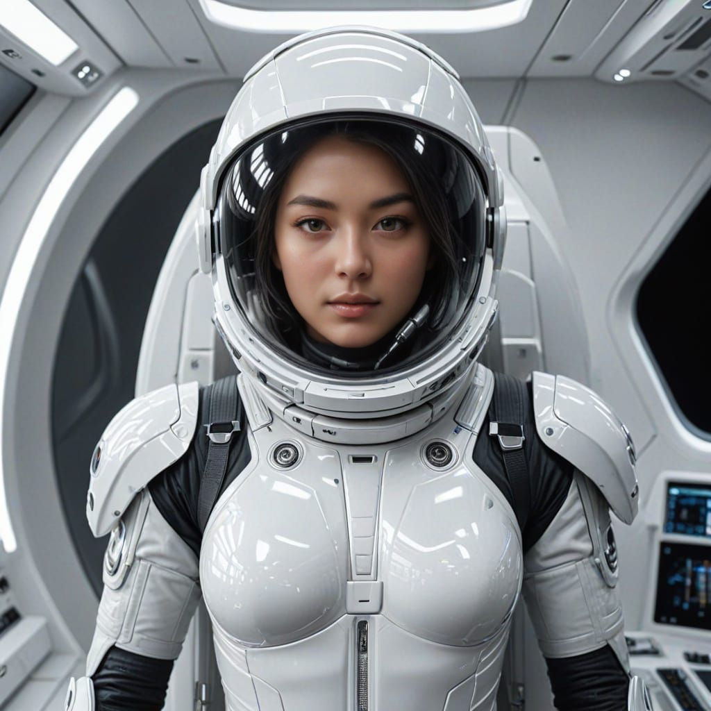 Asian Astronaut Woman in Futuristic Spaceship