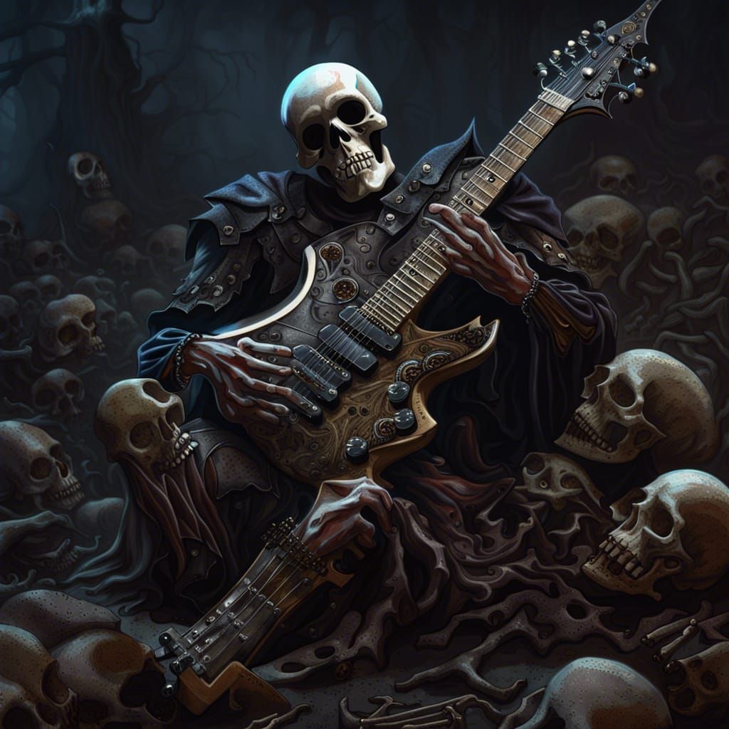 Skeleton Roman Soldier Shreds Guitar: Dark Fantasy Art