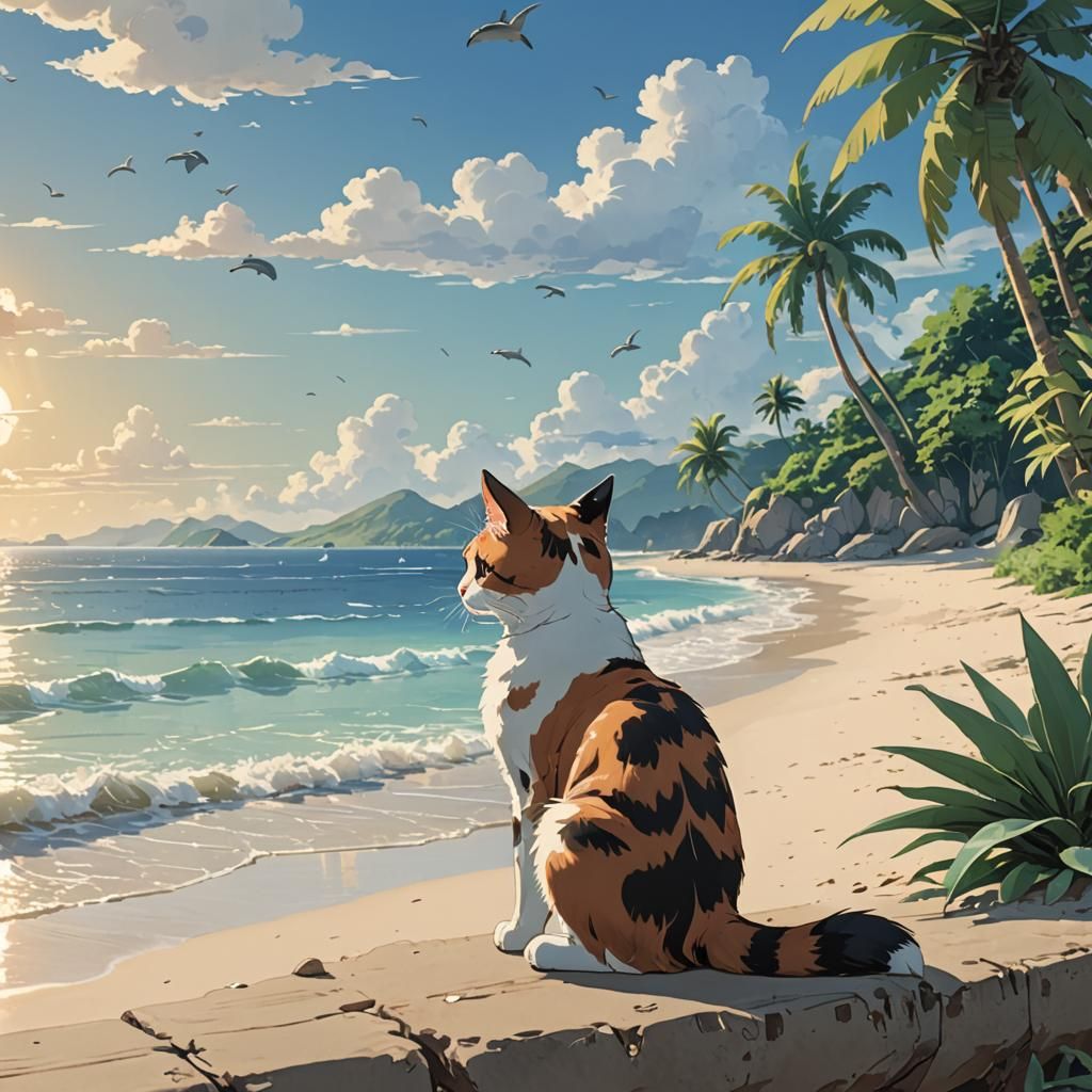 Calico Cat's Beach Dream in Anime Style