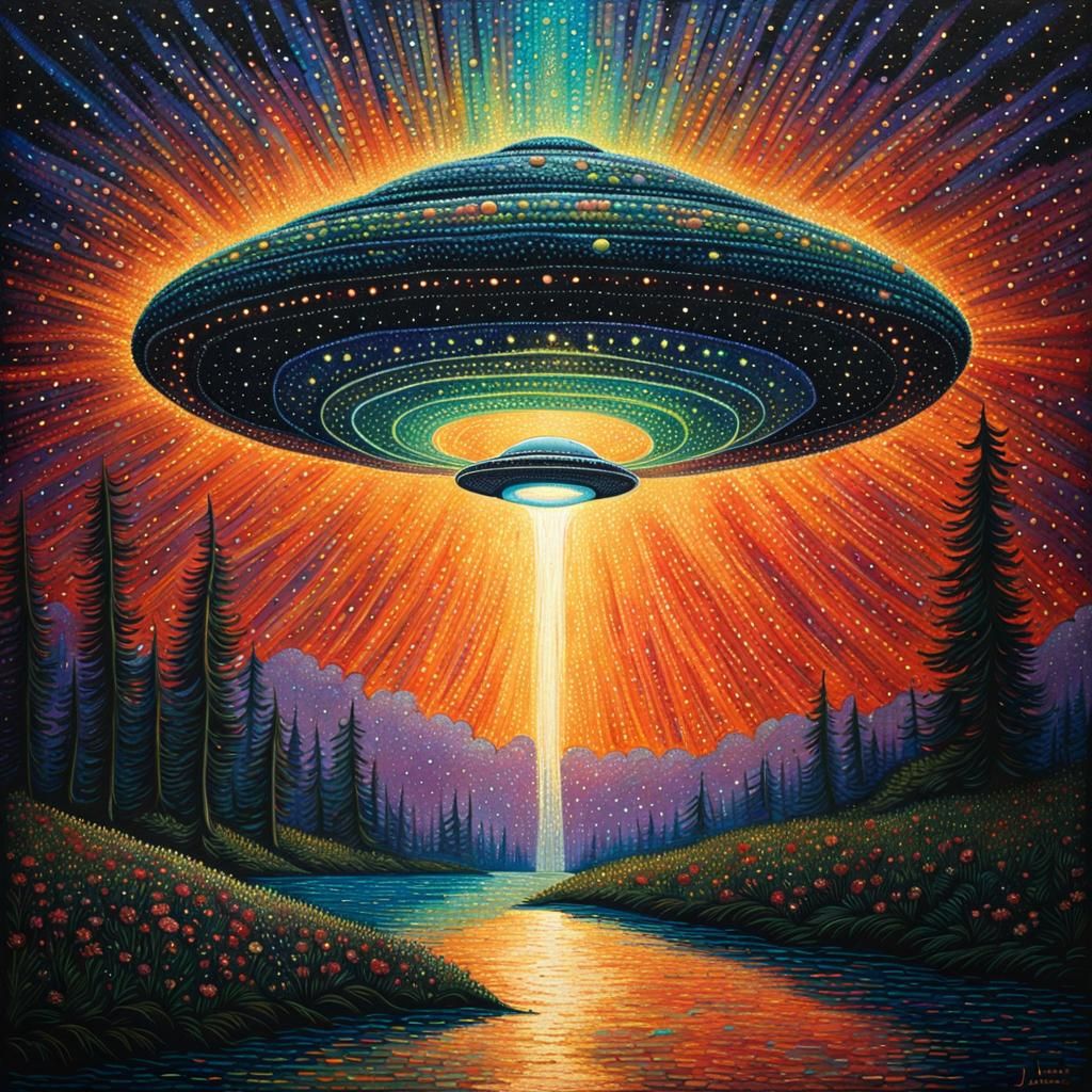 Iridescent UFO in Space: Pointillist Oil Painting