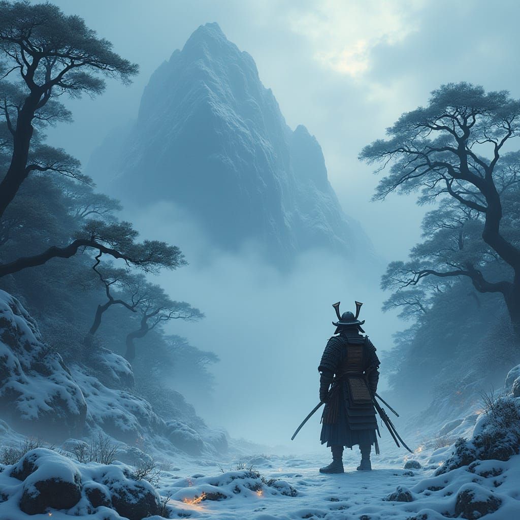 Lone Samurai in Snowy Landscape: Dark Fantasy Art