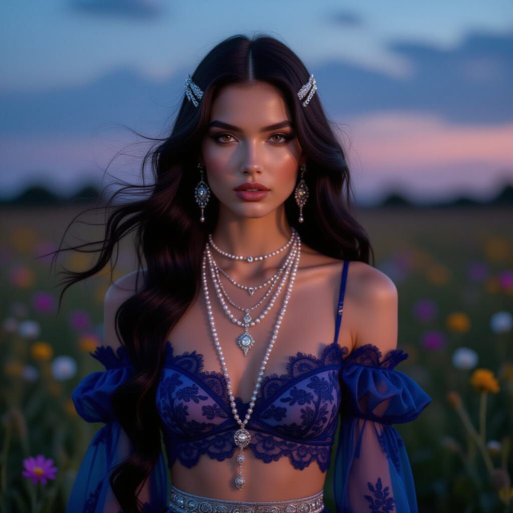Twilight Woman in Wildflower Field, Photorealistic Style