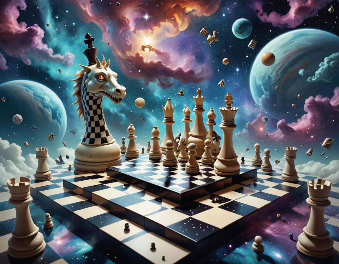 Surreal Chessboard Dream in Cosmic Nebula