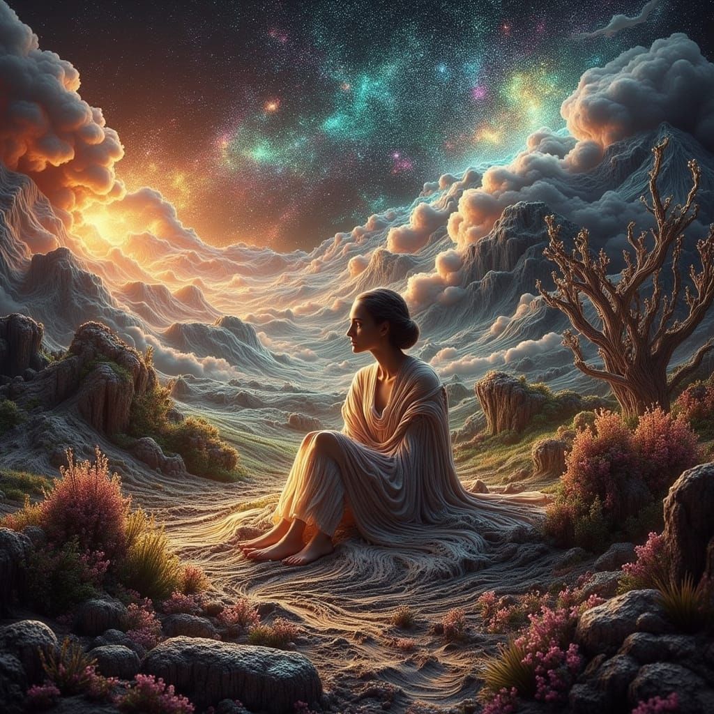 Ethereal Woman in White Robes Under Fantasy Sky
