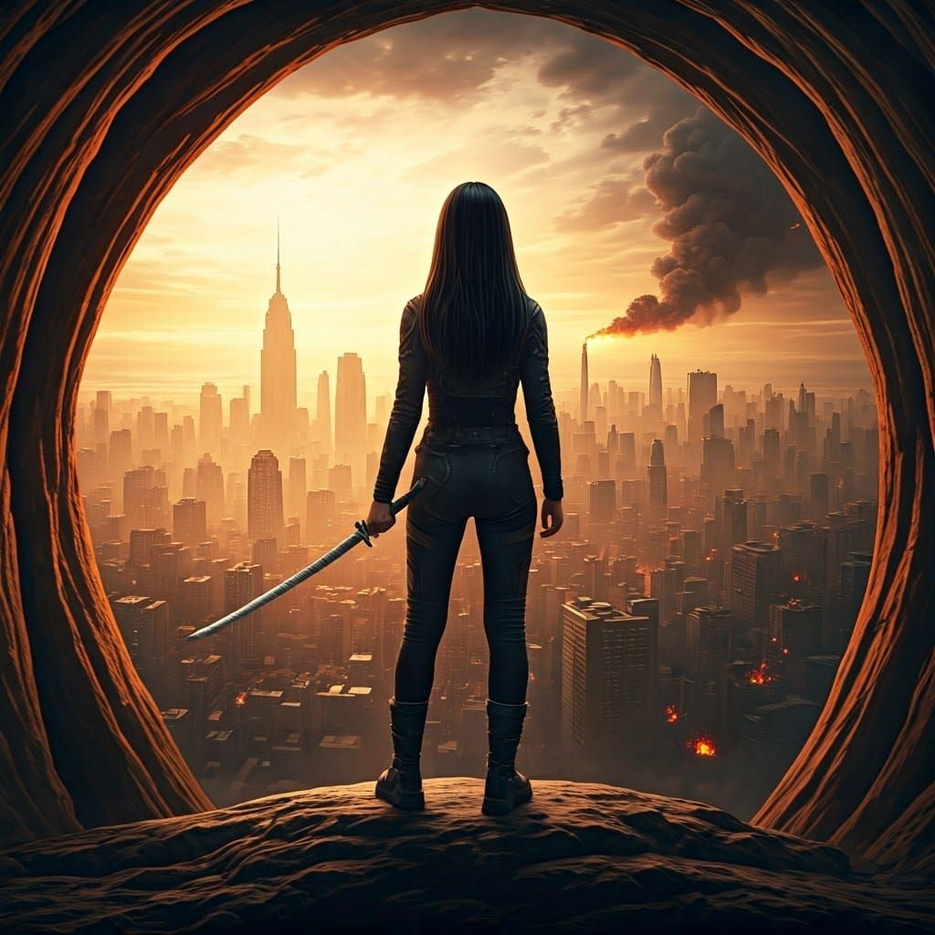 Girl with Sword in Burning Dystopian City