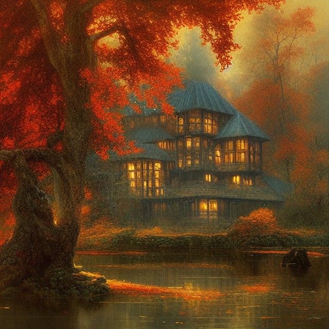 Elaborate Autumn House by River Digital Painting