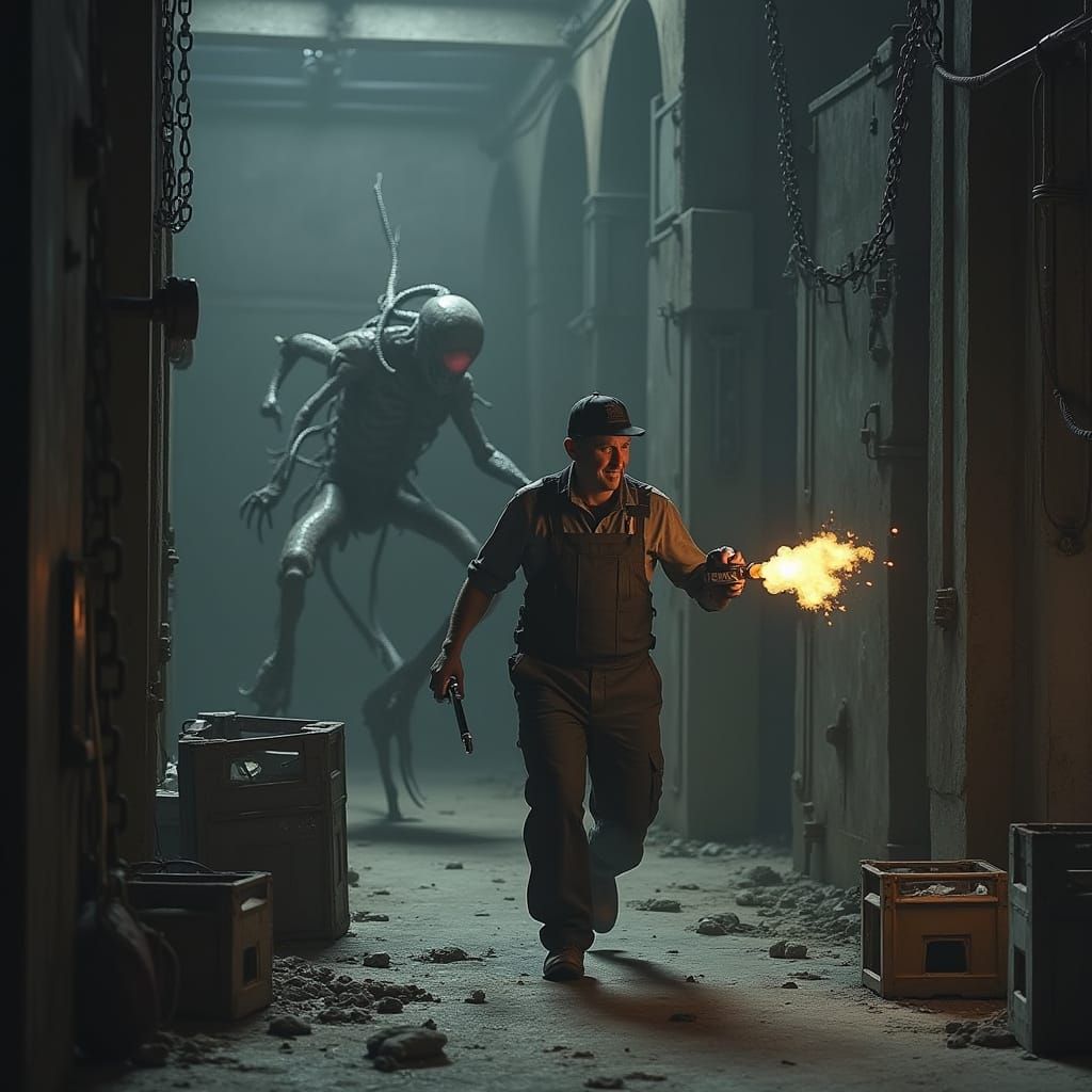 Man Flees Monster in Dark Metal Chamber