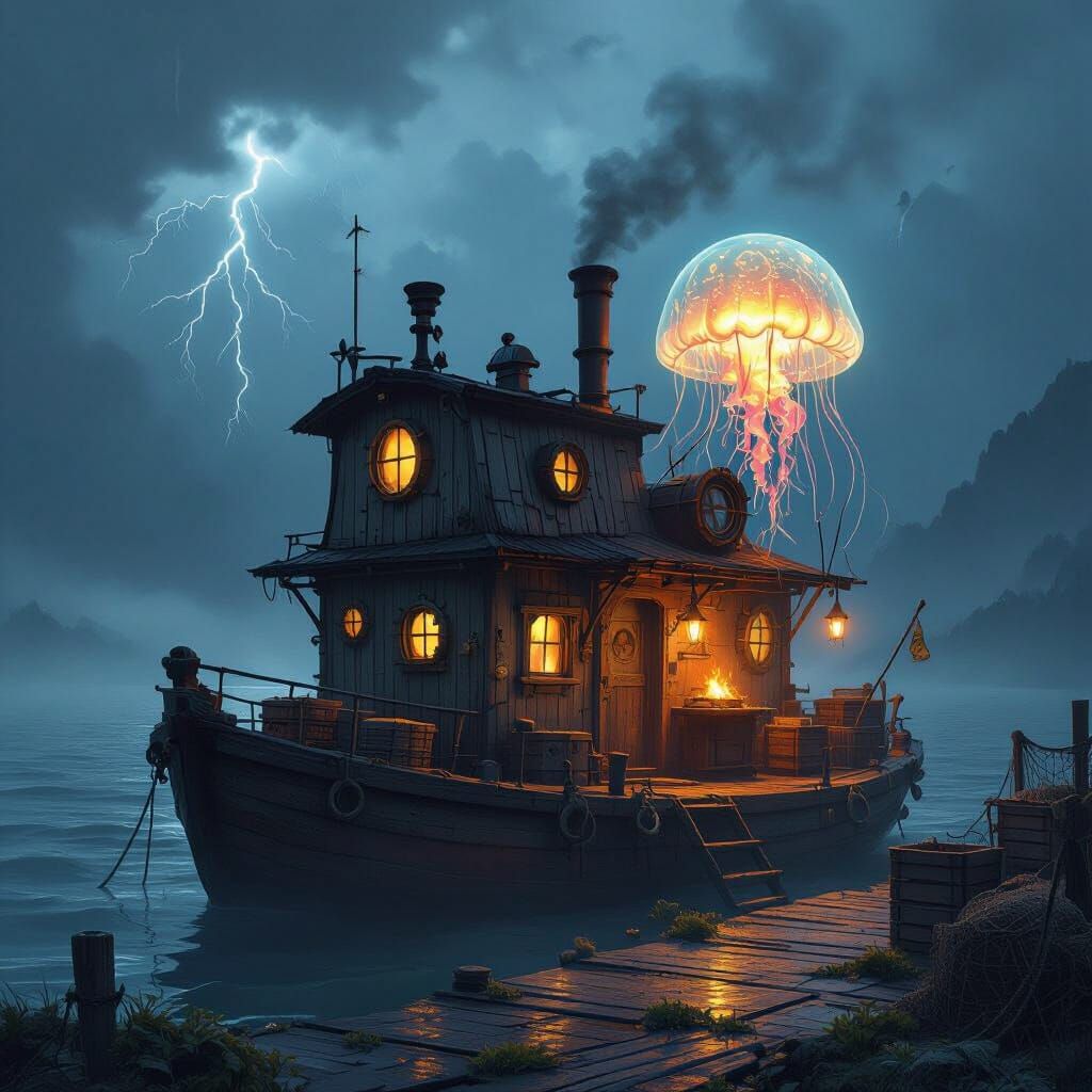 Steampunk Houseboat on Misty Sea at Night