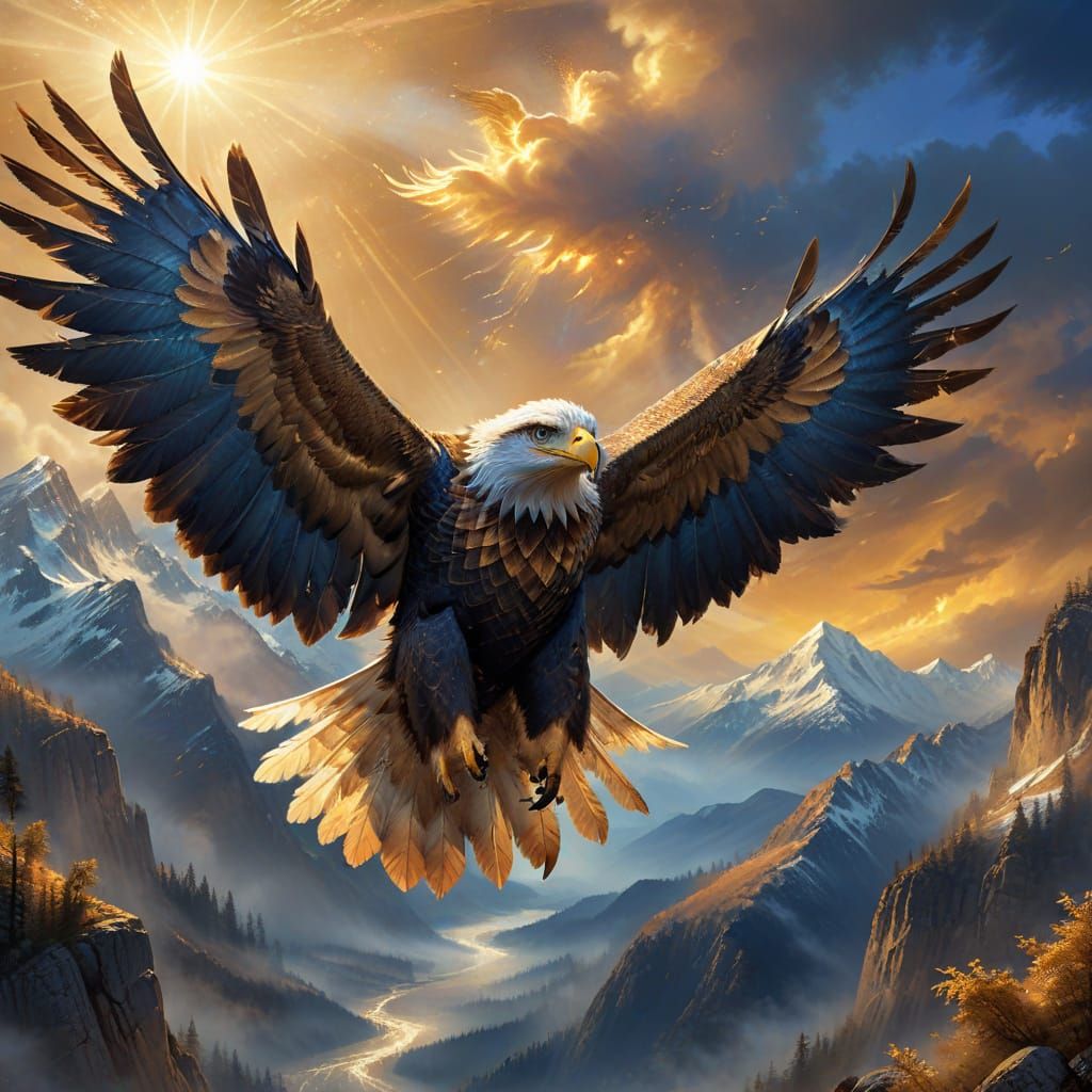Majestic Eagle Soaring Through Misty Mountains