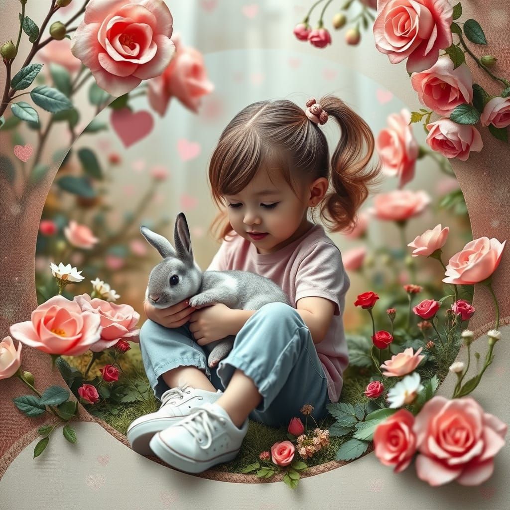 Whimsical Girl in Magical Garden with Sparkling Hearts