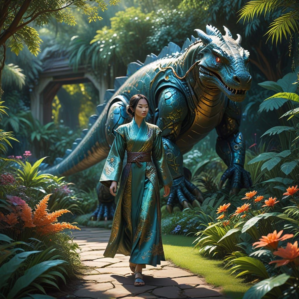 Asian Woman, Robot, and Komodo Dragon in Garden