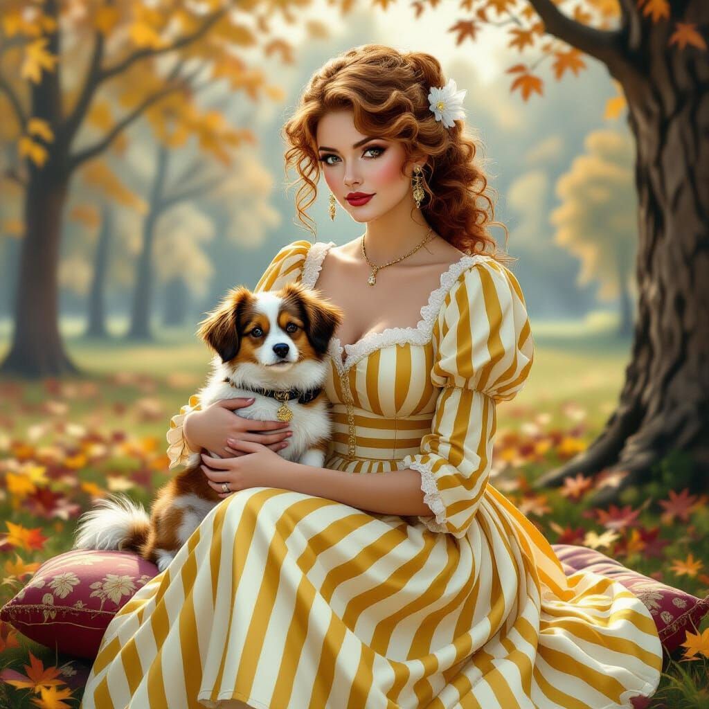 Woman with Dog in Misty Autumn Park