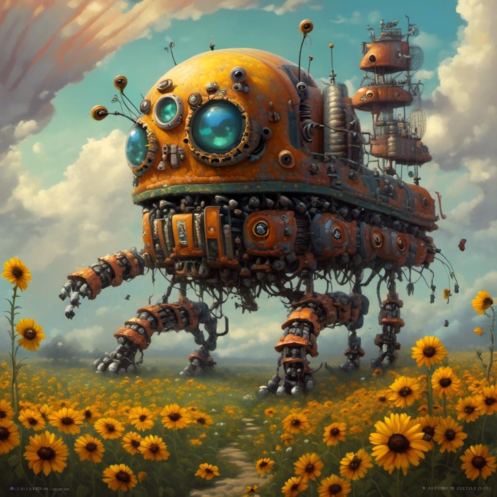 Retrofuturistic Robot Caterpillar in Surreal Landscape