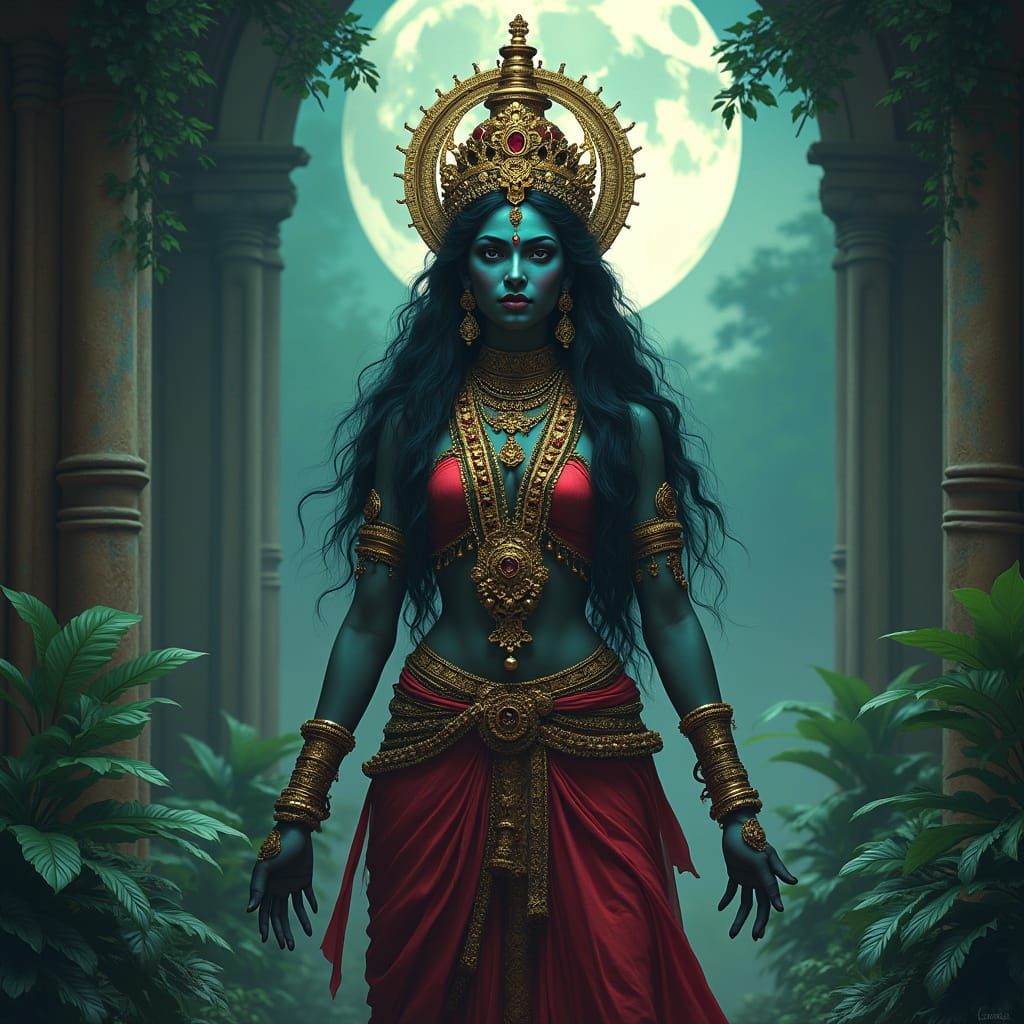 Goddess Kali in a Dreamlike, Art Nouveau-Inspired Temple Sce...