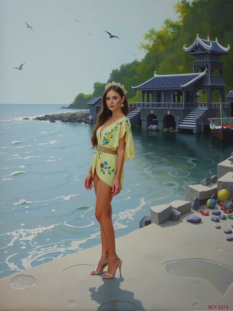 Ornate Woman in Enamel and Ceramic Folk Art Style