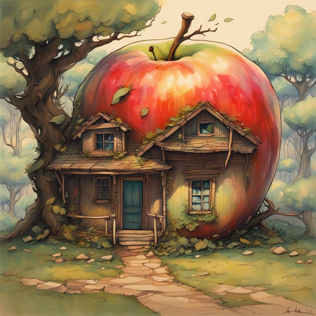 Cozy Home Inside Apple in Ghibli Style
