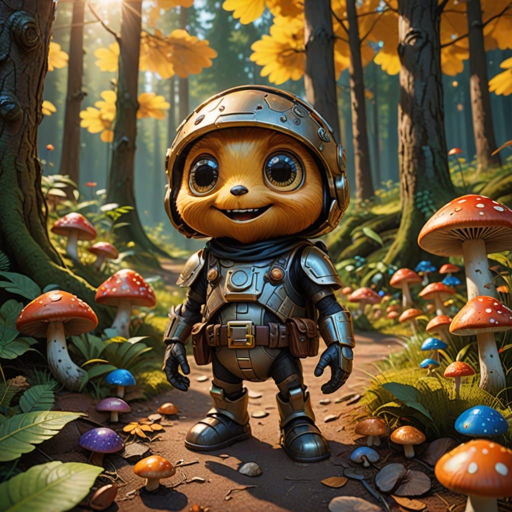 Surreal Forest Nut Hero with Golden Treasure in Whimsical 3D...