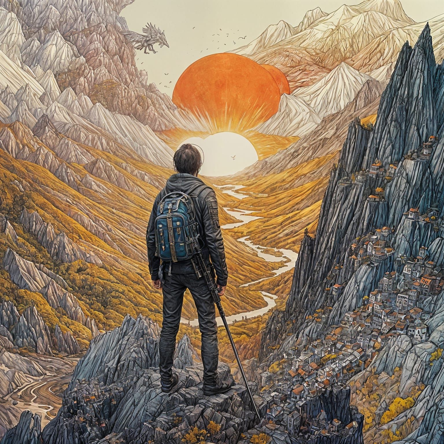 Angelic Figure Falls from Sky in a Hyperdetailed, Maximalist...