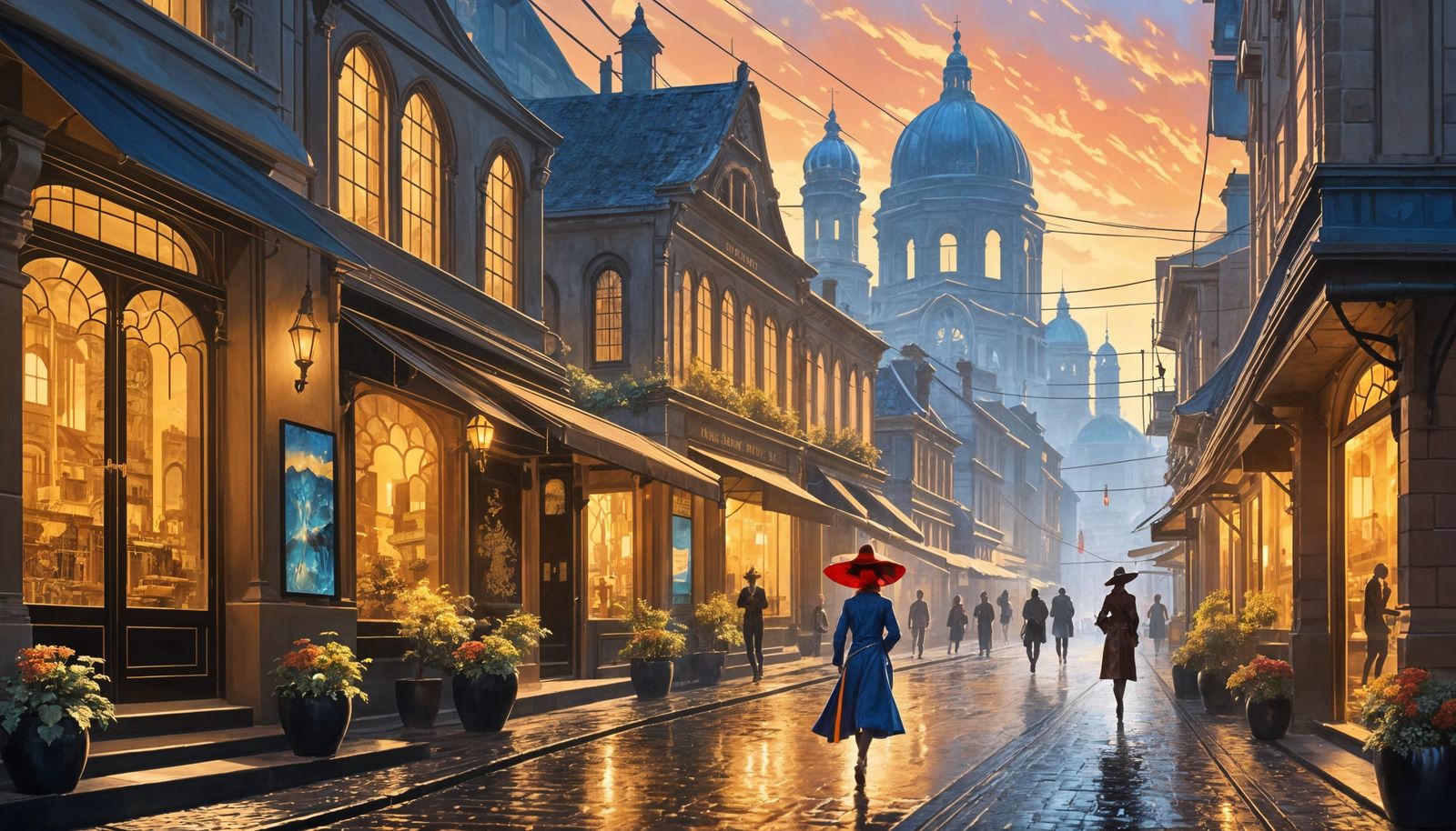 Woman Walking on a Vibrant Sunset Street Scene