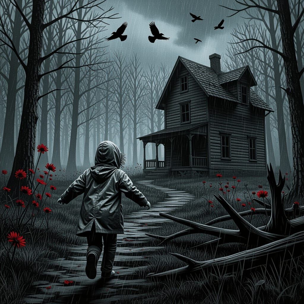 Terrified Child Fleeing Dark Forest in Charcoal Style
