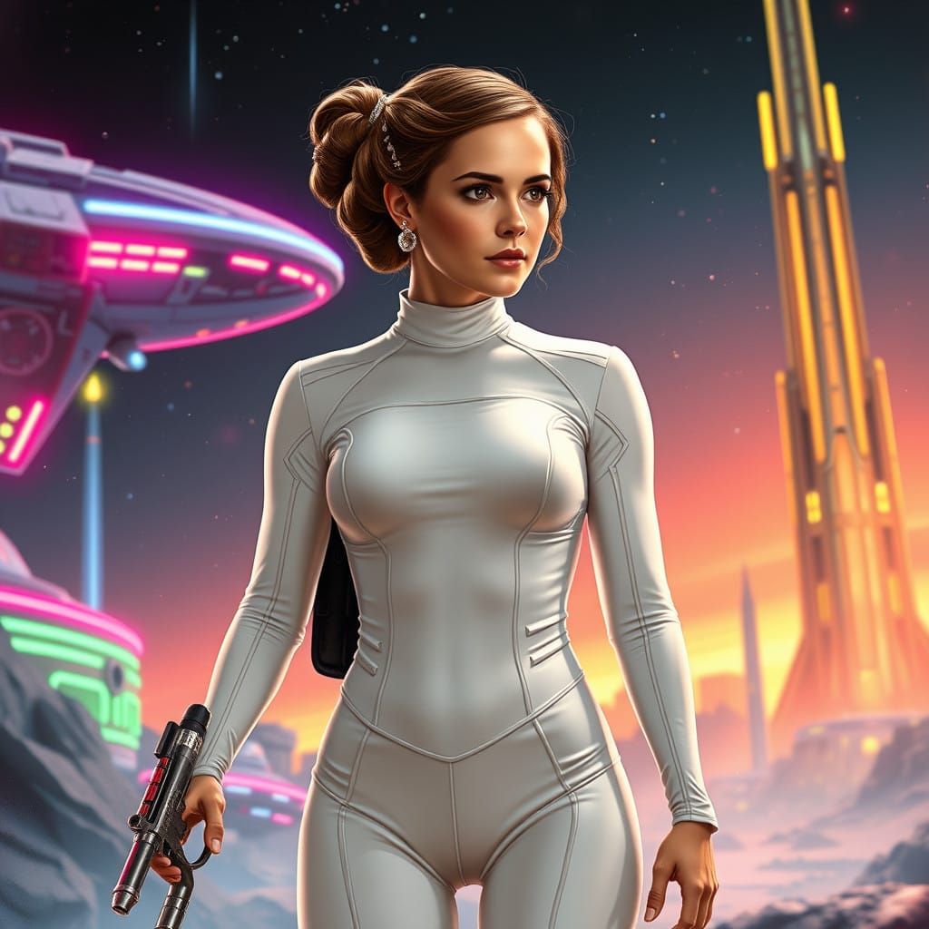 Emma Watson as Futuristic Princess Leia in Neon Sci-Fi Setti...