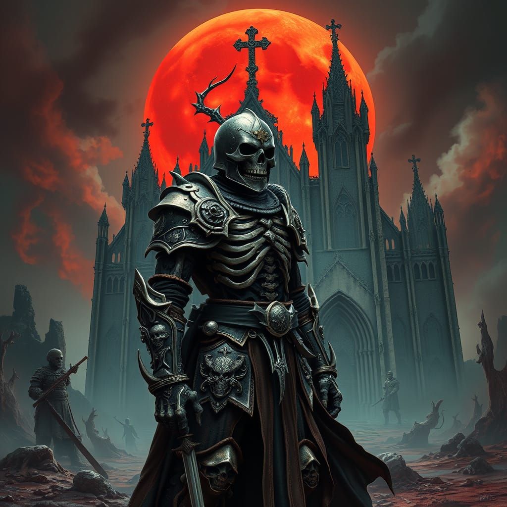 Skeletal Knight Guards Gothic Cathedral Under Blood-Red Moon