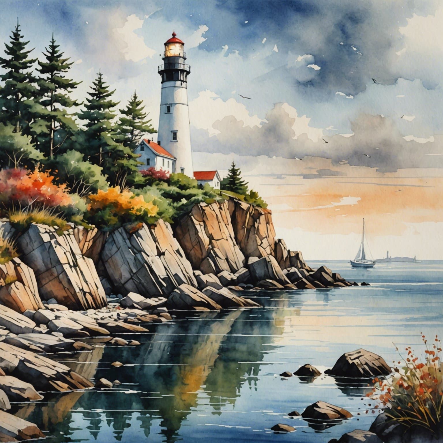 Bay with Sailboat: Watercolor Color Sketch Art