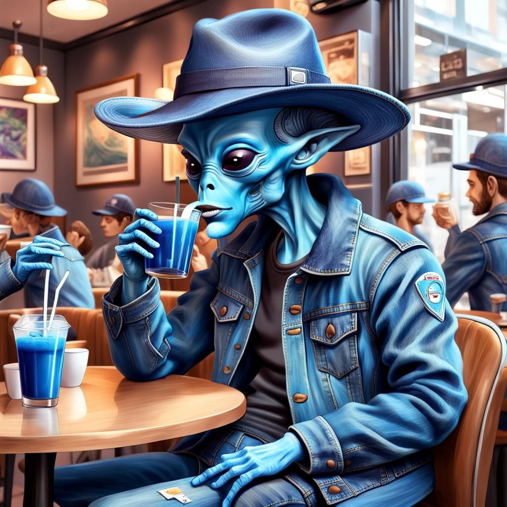 Blue alien with dark blue trilby hat and blue denim jacket i...