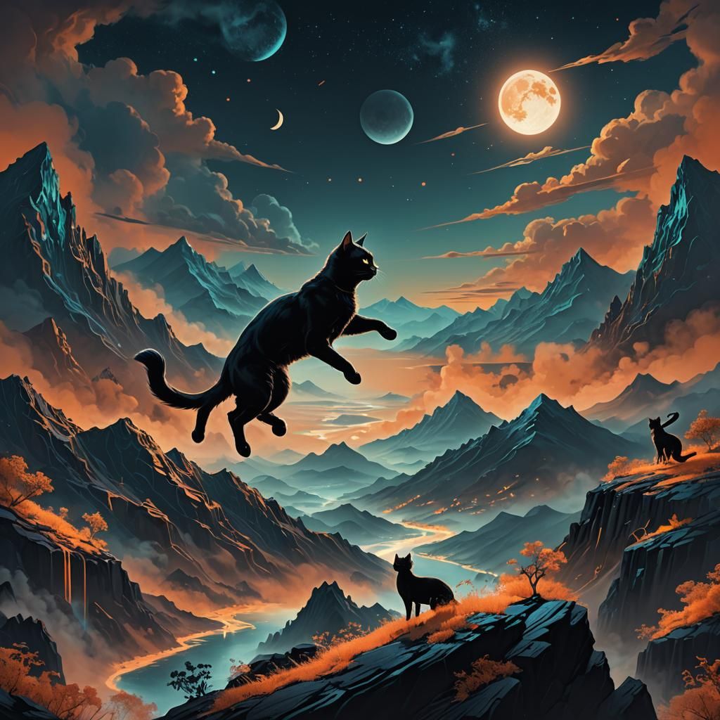 Black Cat Leaps Across Mountains in Futuristic Art