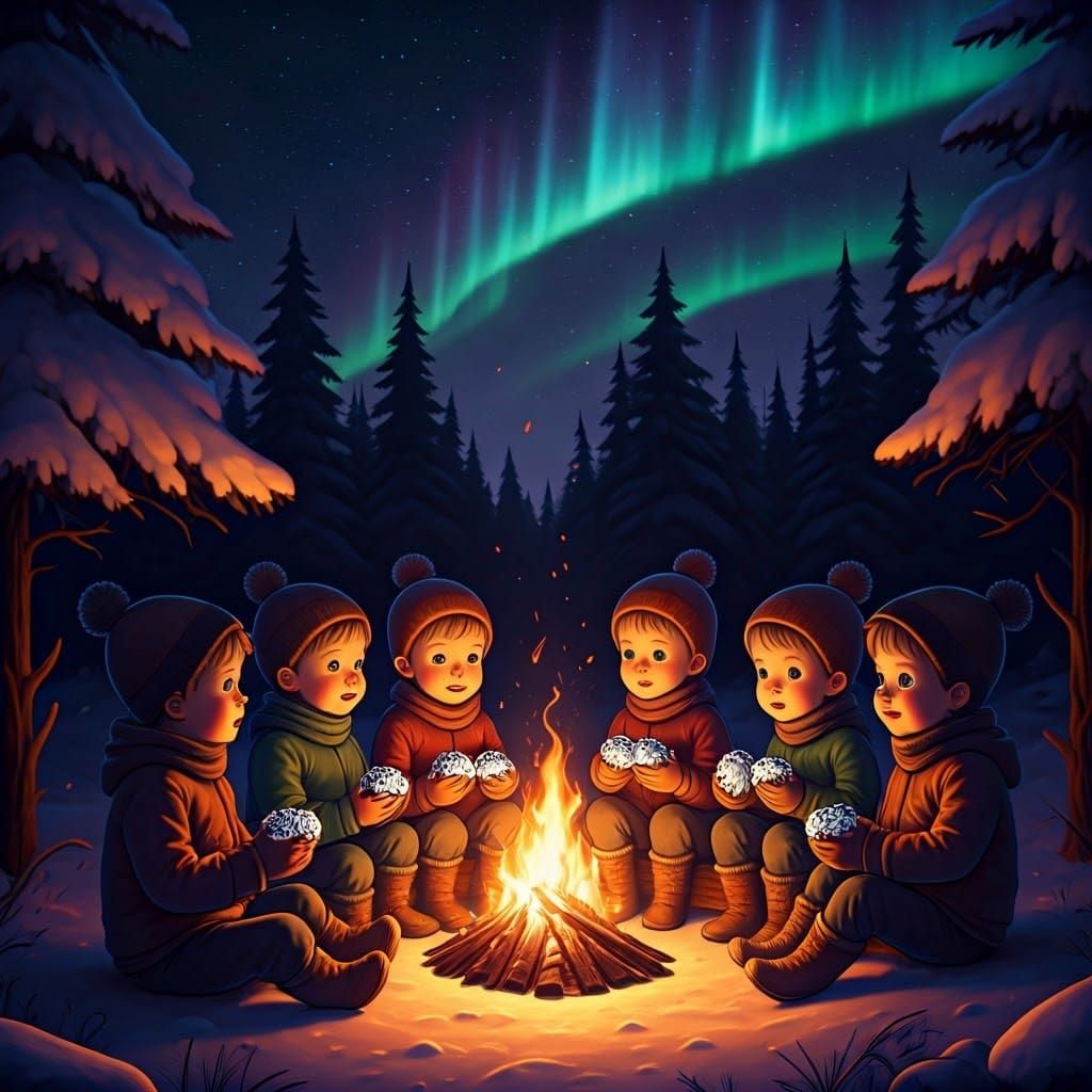 Cozy Campfire Gathering in Whimsical Winter Wonderland