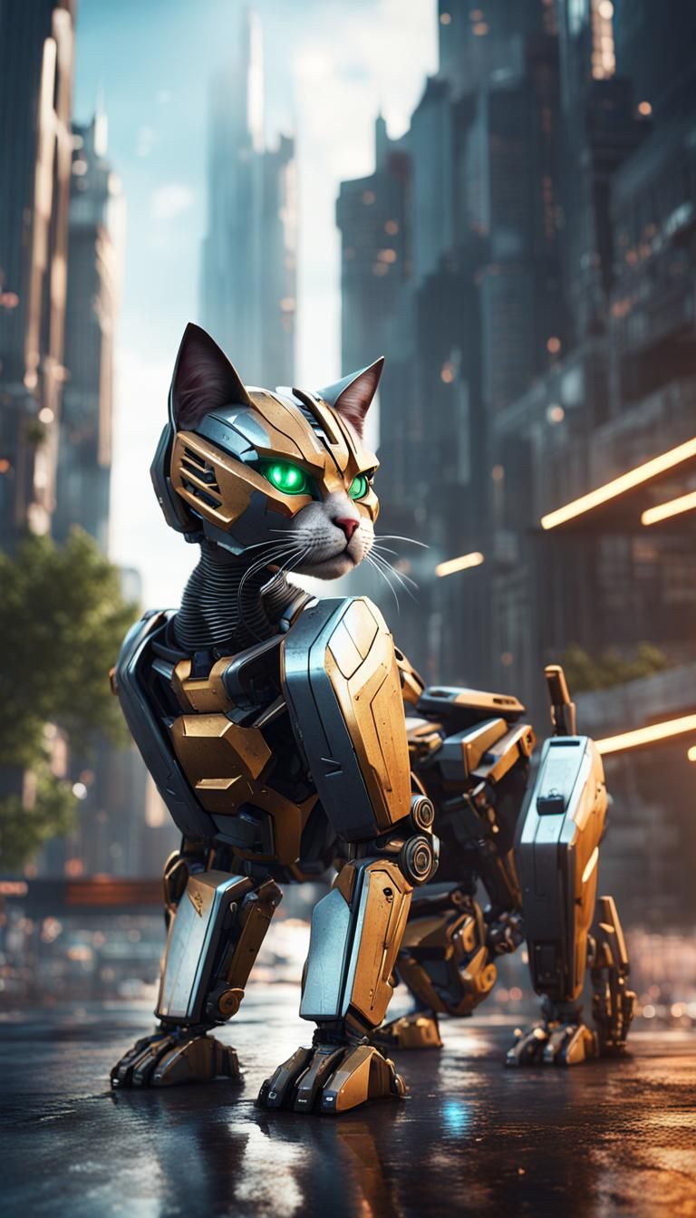 Transformer Cat in a Futuristic City, 3D Render